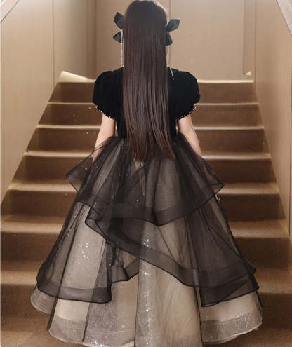 Square Neck Beaded Ball Gown with Rhinestones Sash and Short Sleeves for Girls