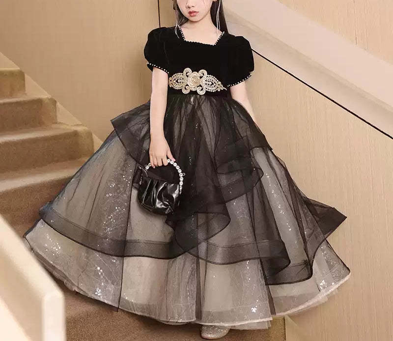 Square Neck Beaded Ball Gown with Rhinestones Sash and Short Sleeves for Girls