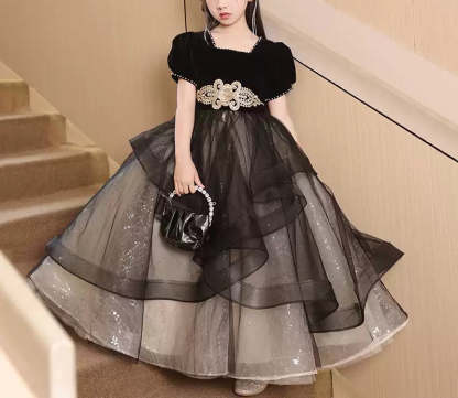 Square Neck Beaded Ball Gown with Rhinestones Sash and Short Sleeves for Girls