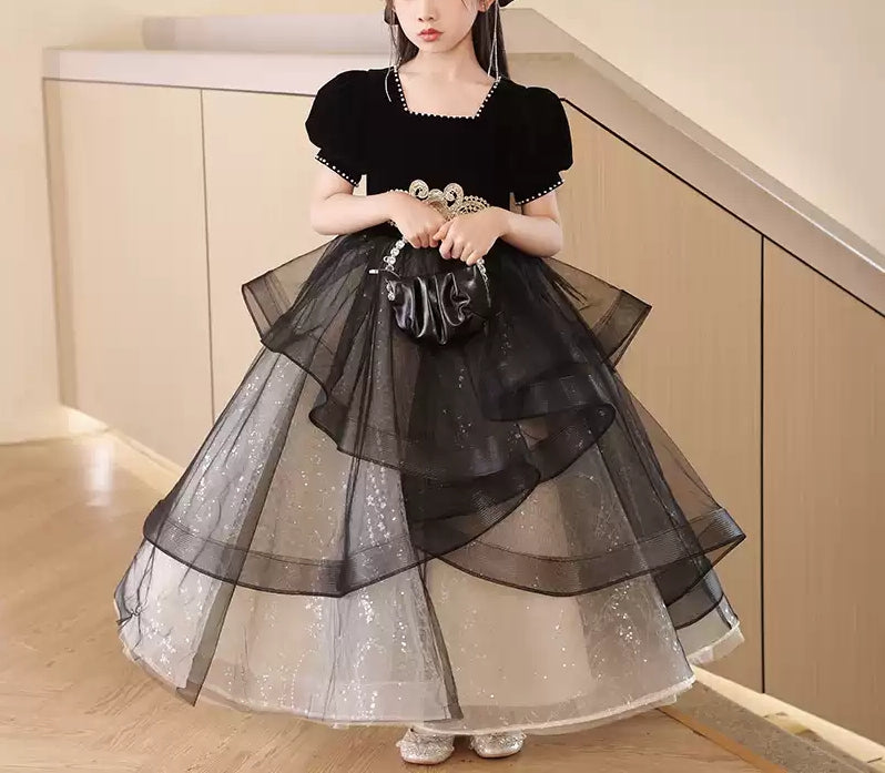 Square Neck Beaded Ball Gown with Rhinestones Sash and Short Sleeves for Girls