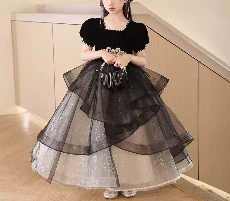 Square Neck Beaded Ball Gown with Rhinestones Sash and Short Sleeves for Girls