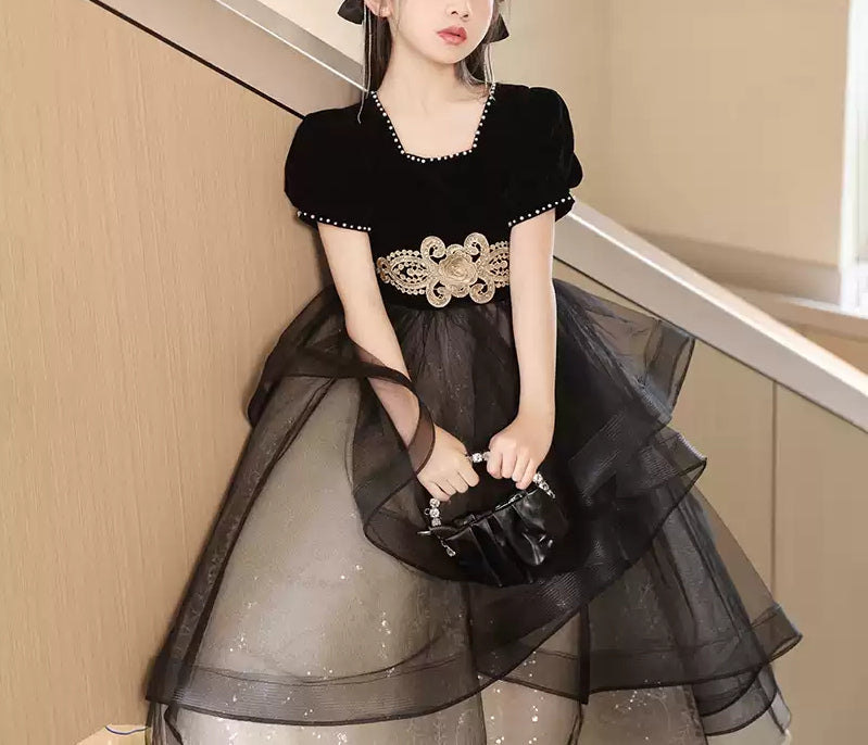 Square Neck Beaded Ball Gown with Rhinestones Sash and Short Sleeves for Girls