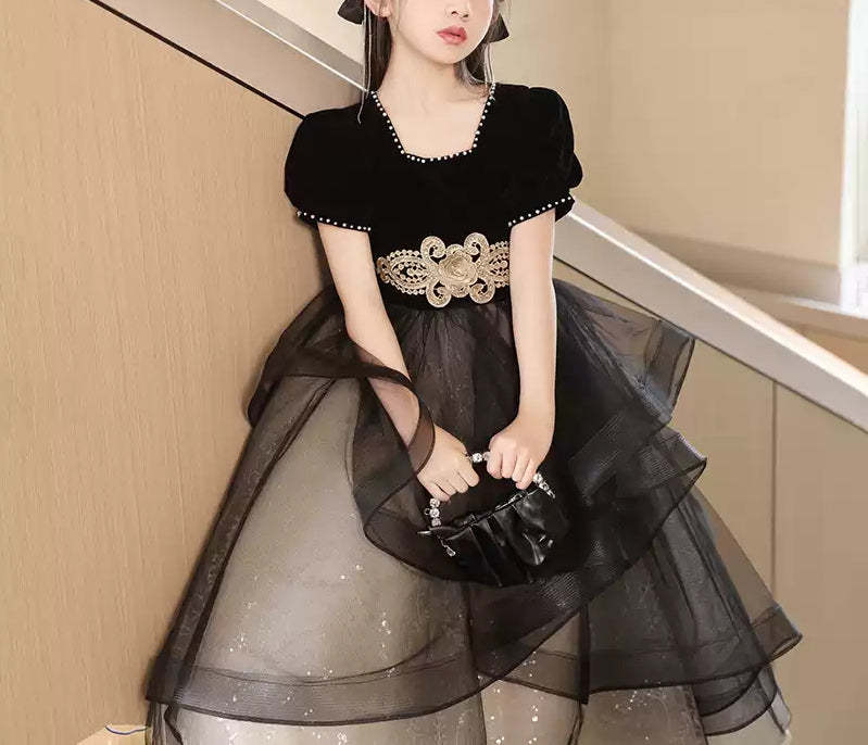 Square Neck Beaded Ball Gown with Rhinestones Sash and Short Sleeves for Girls