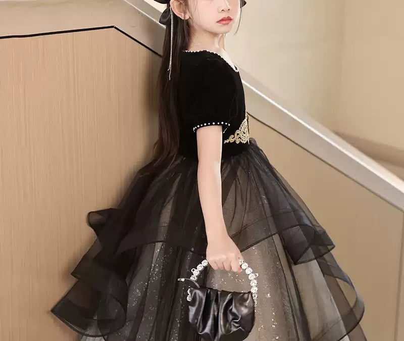 Square Neck Beaded Ball Gown with Rhinestones Sash and Short Sleeves for Girls