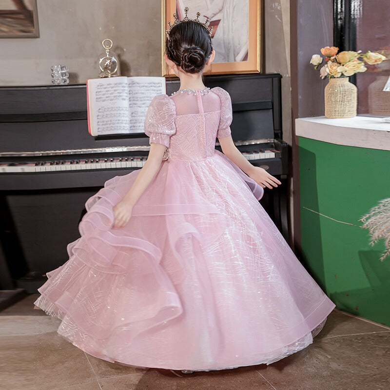 Princess Girl Party Dress with Rhinestones Appliques in Short Sleeves and Floor Length