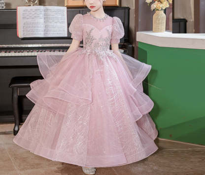 Princess Girl Party Dress with Rhinestones Appliques in Short Sleeves and Floor Length