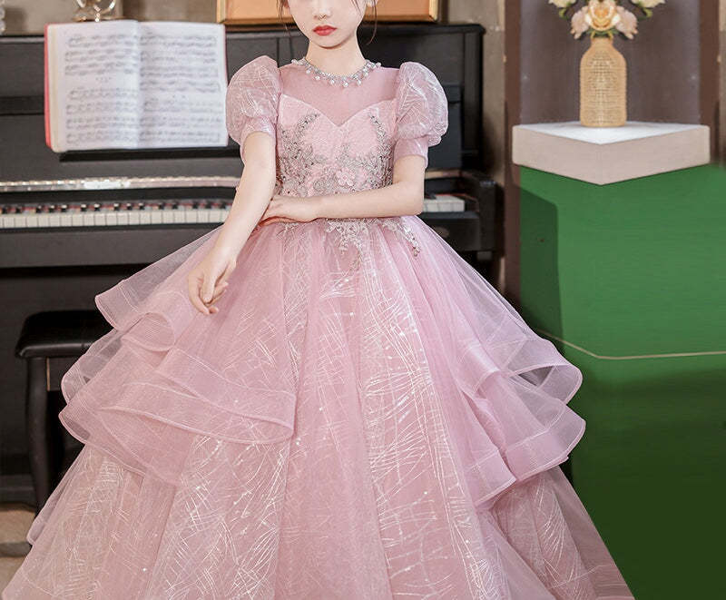 Princess Girl Party Dress with Rhinestones Appliques in Short Sleeves and Floor Length