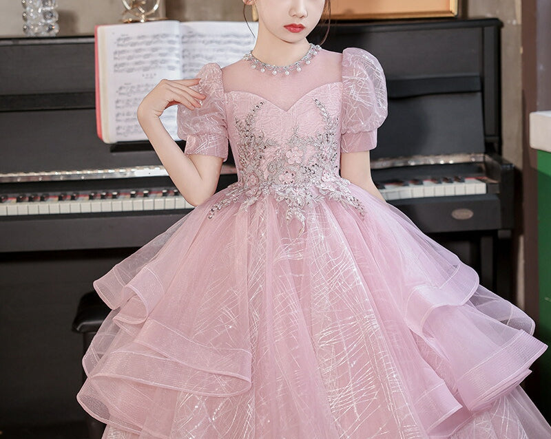 Princess Girl Party Dress with Rhinestones Appliques in Short Sleeves and Floor Length