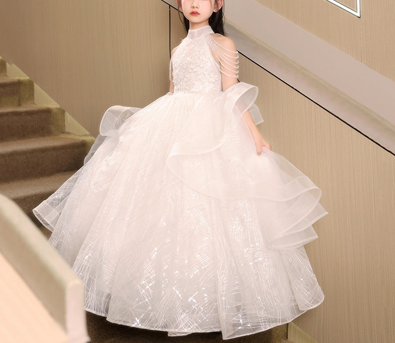 Floor-Length Halter Ball Gown with Beaded Flower Appliques for Girls