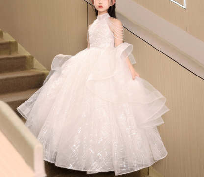 Floor-Length Halter Ball Gown with Beaded Flower Appliques for Girls