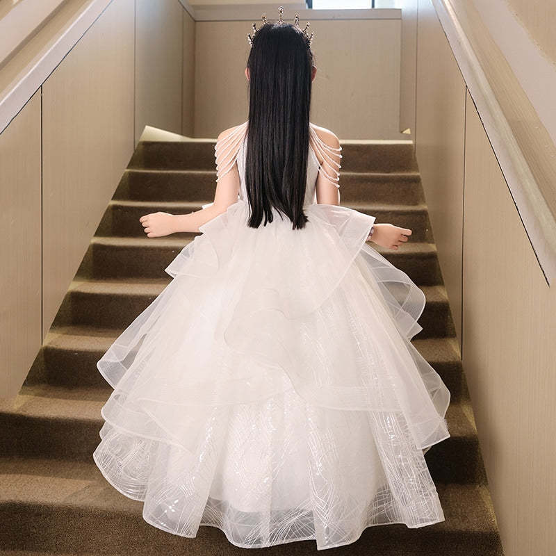 Floor-Length Halter Ball Gown with Beaded Flower Appliques for Girls