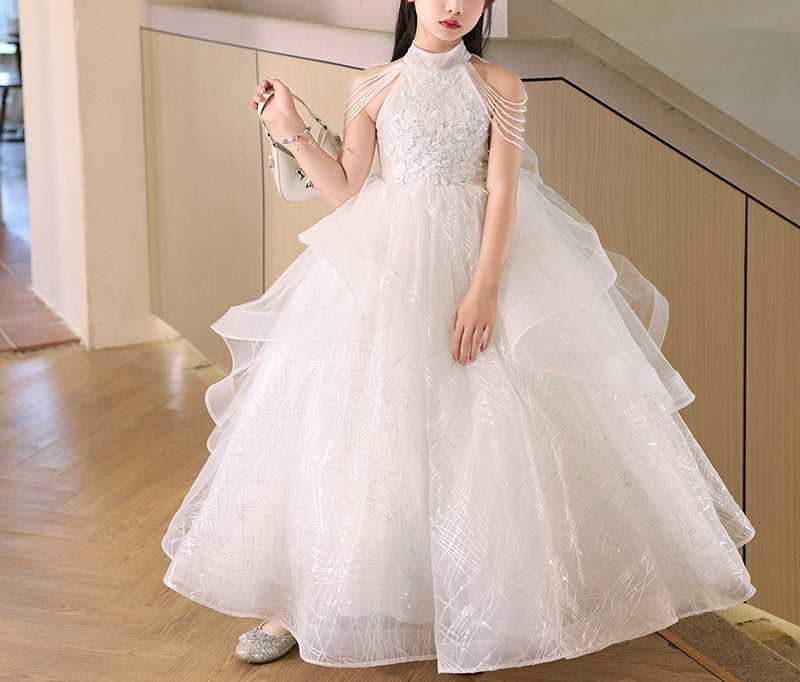 Floor-Length Halter Ball Gown with Beaded Flower Appliques for Girls