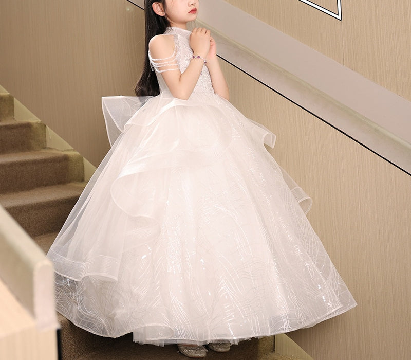 Floor-Length Halter Ball Gown with Beaded Flower Appliques for Girls
