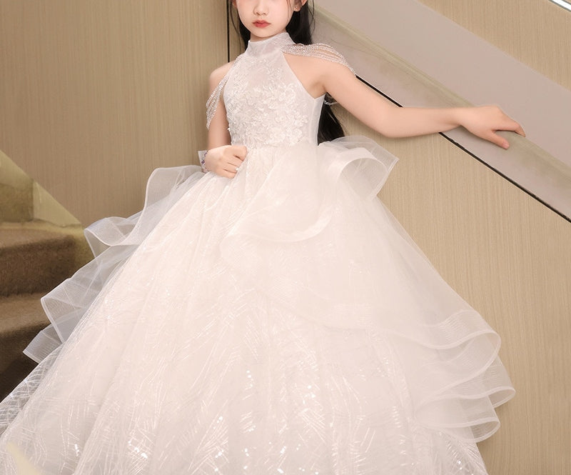 Floor-Length Halter Ball Gown with Beaded Flower Appliques for Girls