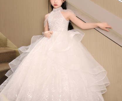 Floor-Length Halter Ball Gown with Beaded Flower Appliques for Girls