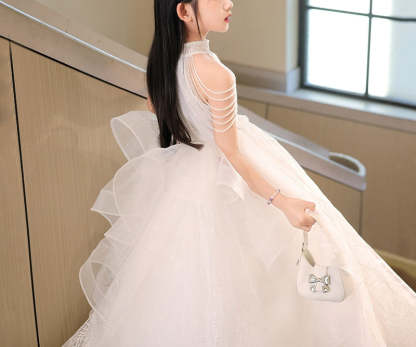 Floor-Length Halter Ball Gown with Beaded Flower Appliques for Girls
