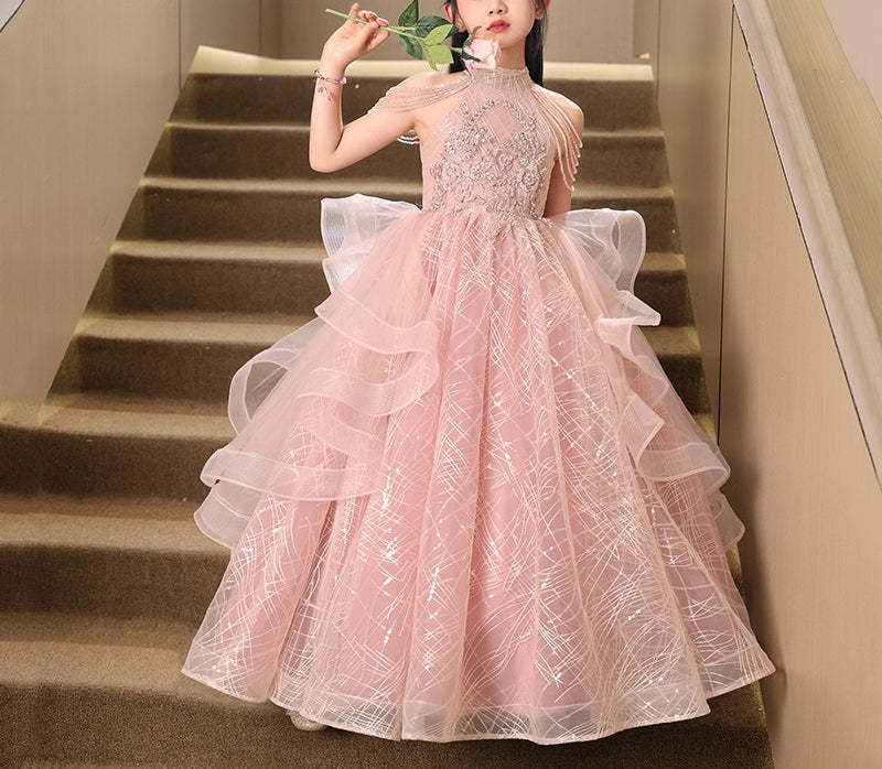 Floor-Length Halter Ball Gown with Beaded Flower Appliques for Girls