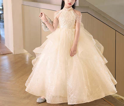 Floor-Length Halter Ball Gown with Beaded Flower Appliques for Girls