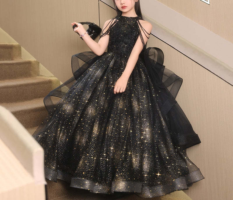 Floor-Length Halter Ball Gown with Beaded Flower Appliques for Girls