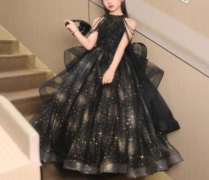 Floor-Length Halter Ball Gown with Beaded Flower Appliques for Girls