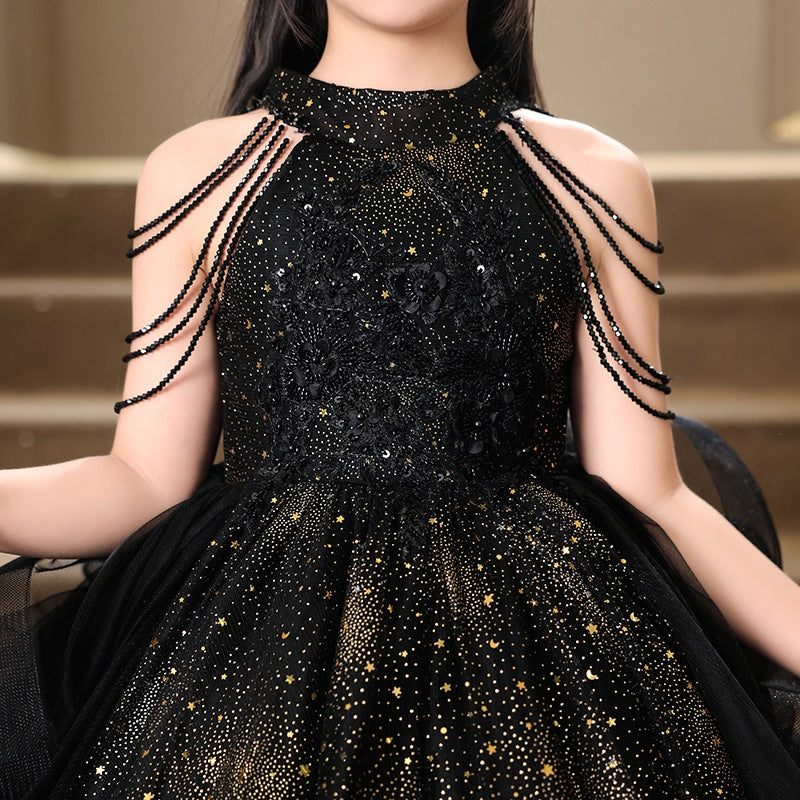 Floor-Length Halter Ball Gown with Beaded Flower Appliques for Girls