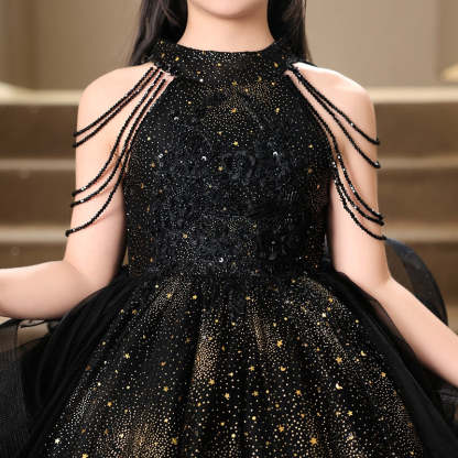 Floor-Length Halter Ball Gown with Beaded Flower Appliques for Girls