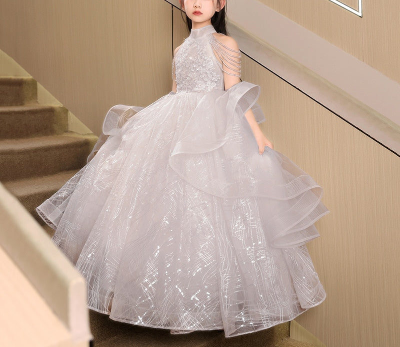 Floor-Length Halter Ball Gown with Beaded Flower Appliques for Girls