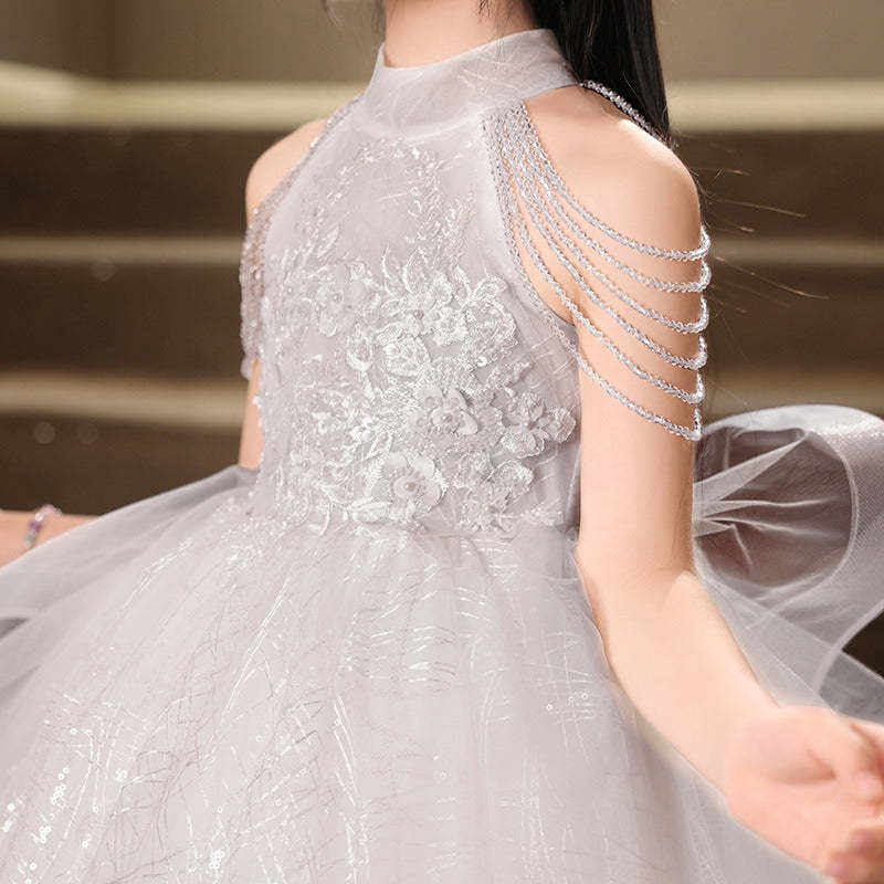 Floor-Length Halter Ball Gown with Beaded Flower Appliques for Girls