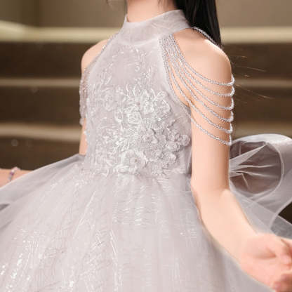 Floor-Length Halter Ball Gown with Beaded Flower Appliques for Girls