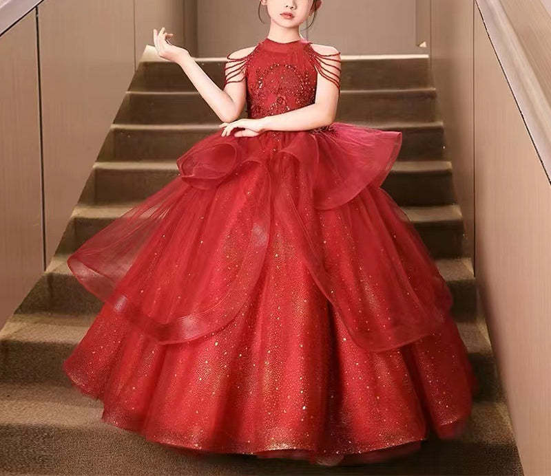 Floor-Length Halter Ball Gown with Beaded Flower Appliques for Girls