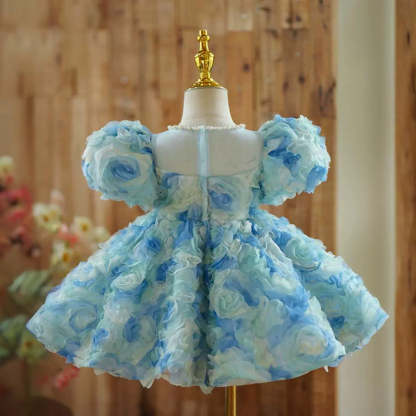 Short Sleeve Knee-Length Baby Girl Dress with Beaded Round Neck and Ruched Flowers