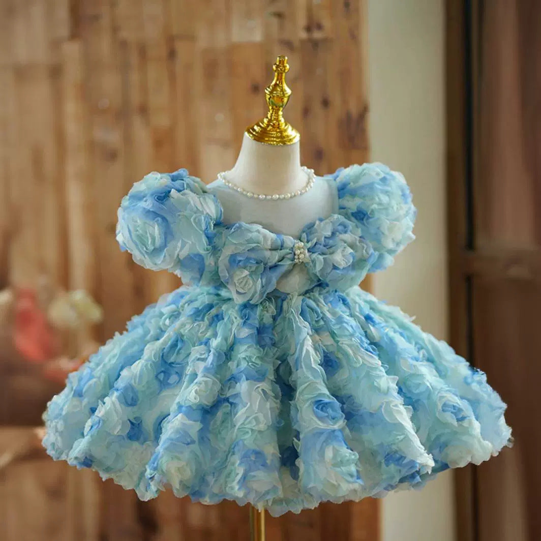 Short Sleeve Knee-Length Baby Girl Dress with Beaded Round Neck and Ruched Flowers
