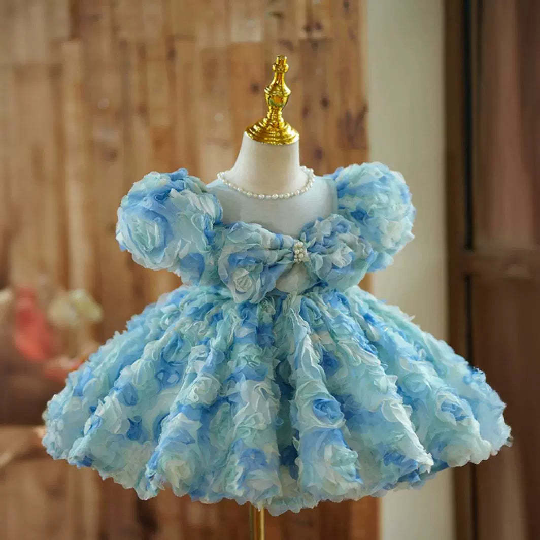 Short Sleeve Knee-Length Baby Girl Dress with Beaded Round Neck and Ruched Flowers