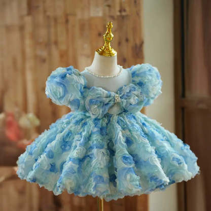 Short Sleeve Knee-Length Baby Girl Dress with Beaded Round Neck and Ruched Flowers