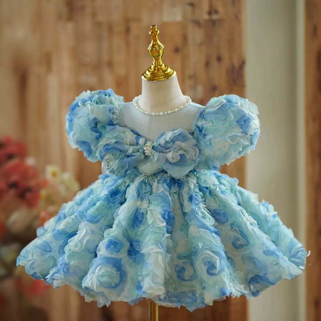 Short Sleeve Knee-Length Baby Girl Dress with Beaded Round Neck and Ruched Flowers
