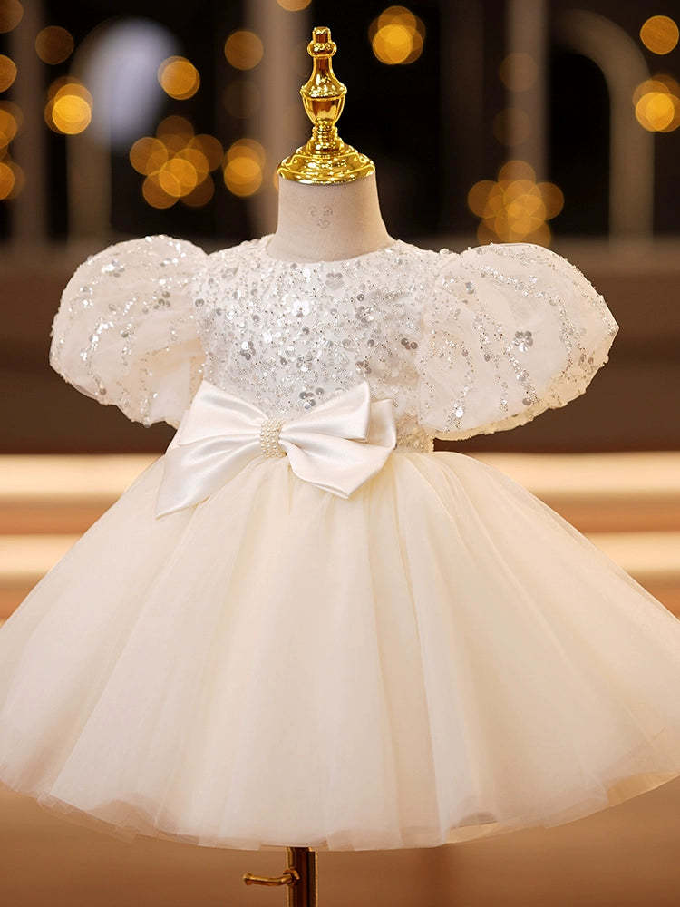 Knee-Length Baby Girl Dresses with Bow in A-Line/Princess Style and Short Sleeves