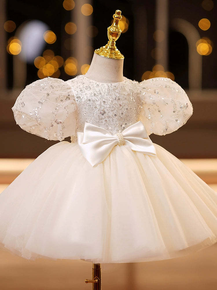 Knee-Length Baby Girl Dresses with Bow in A-Line/Princess Style and Short Sleeves