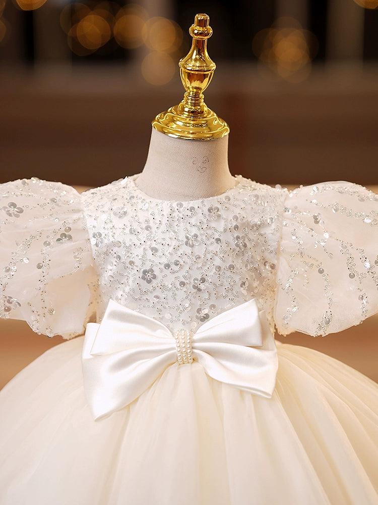 Knee-Length Baby Girl Dresses with Bow in A-Line/Princess Style and Short Sleeves