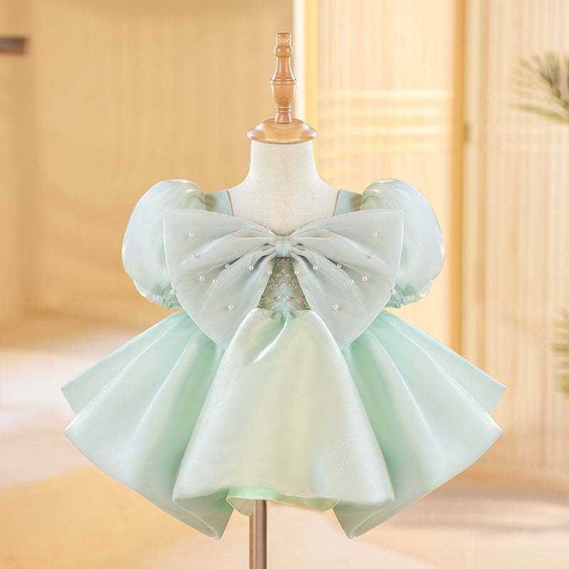 Knee-Length Baby Girl A-Line Dress with Short Sleeves and Big Bow