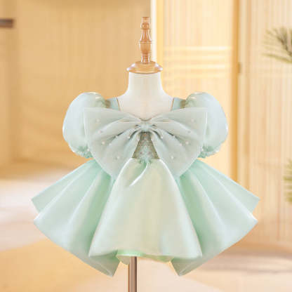 Knee-Length Baby Girl A-Line Dress with Short Sleeves and Big Bow