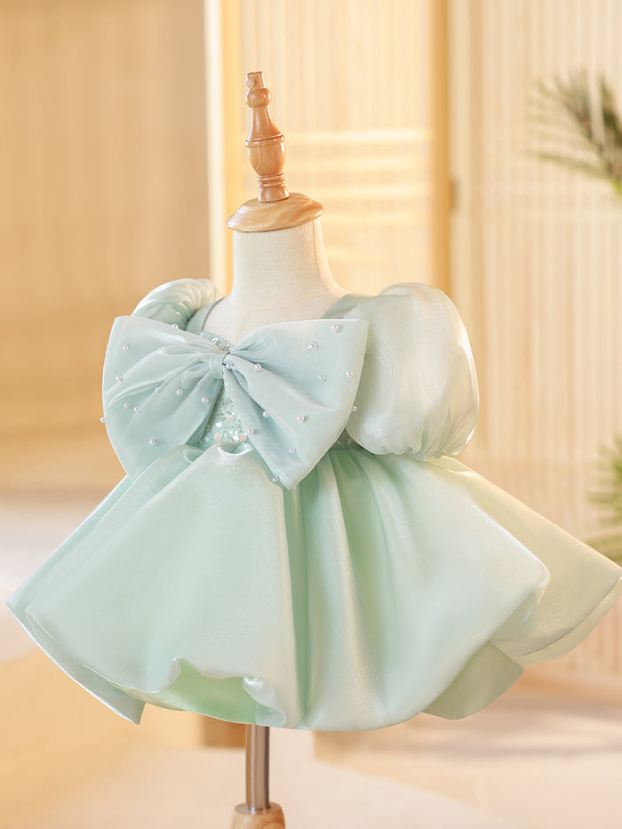 Knee-Length Baby Girl A-Line Dress with Short Sleeves and Big Bow