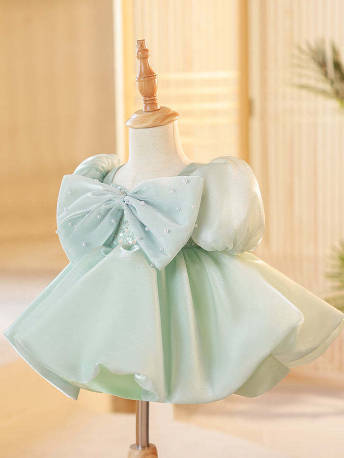 Knee-Length Baby Girl A-Line Dress with Short Sleeves and Big Bow
