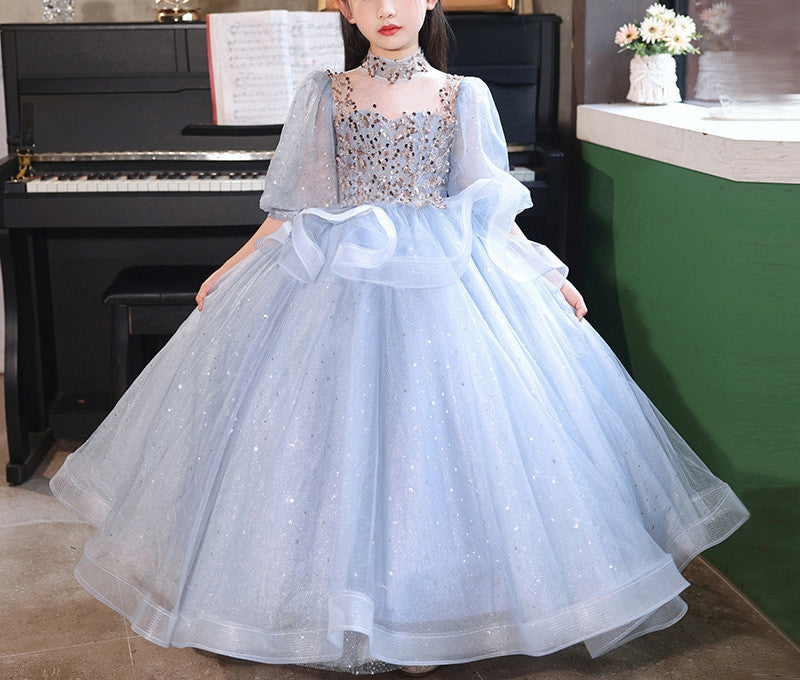 High-Neck Ball Gown with Rhinestones for Flower Girls 3/4 Sleeves