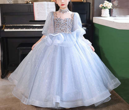 High-Neck Ball Gown with Rhinestones for Flower Girls 3/4 Sleeves