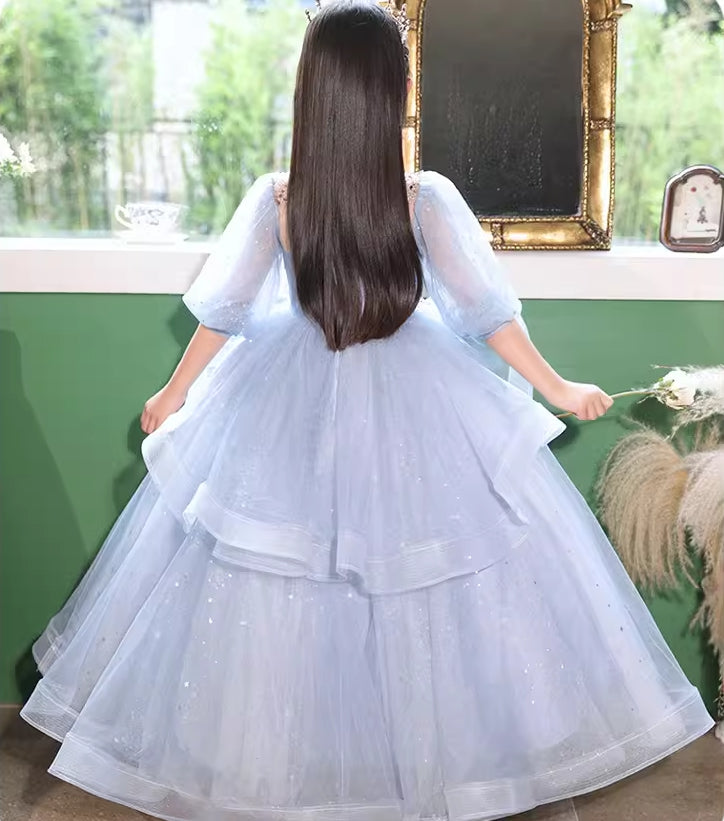 High-Neck Ball Gown with Rhinestones for Flower Girls 3/4 Sleeves