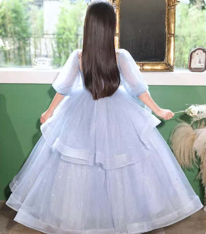 High-Neck Ball Gown with Rhinestones for Flower Girls 3/4 Sleeves