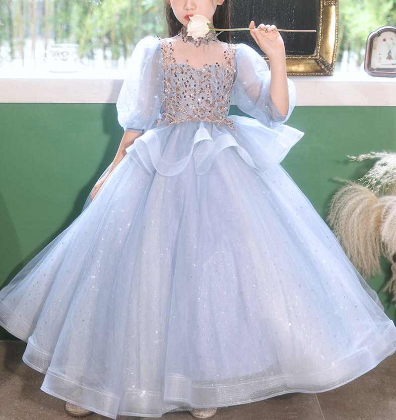 High-Neck Ball Gown with Rhinestones for Flower Girls 3/4 Sleeves