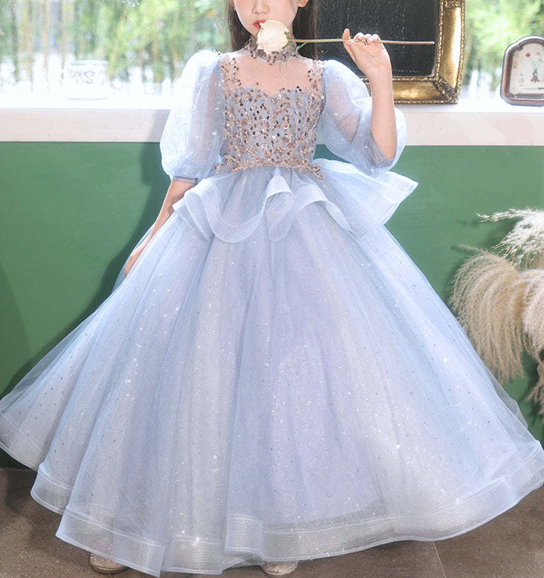 High-Neck Ball Gown with Rhinestones for Flower Girls 3/4 Sleeves