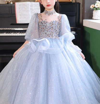 High-Neck Ball Gown with Rhinestones for Flower Girls 3/4 Sleeves