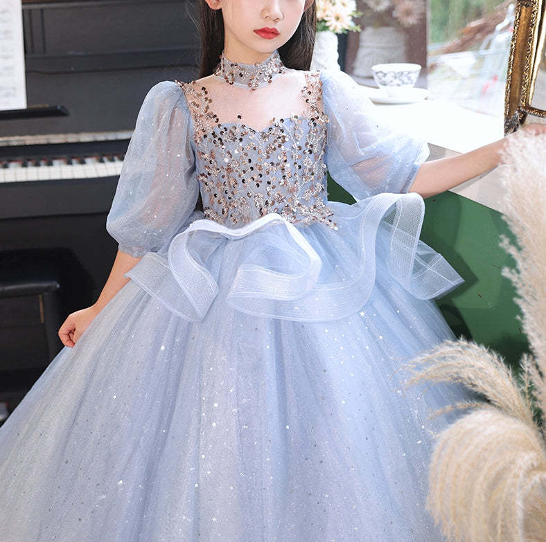High-Neck Ball Gown with Rhinestones for Flower Girls 3/4 Sleeves